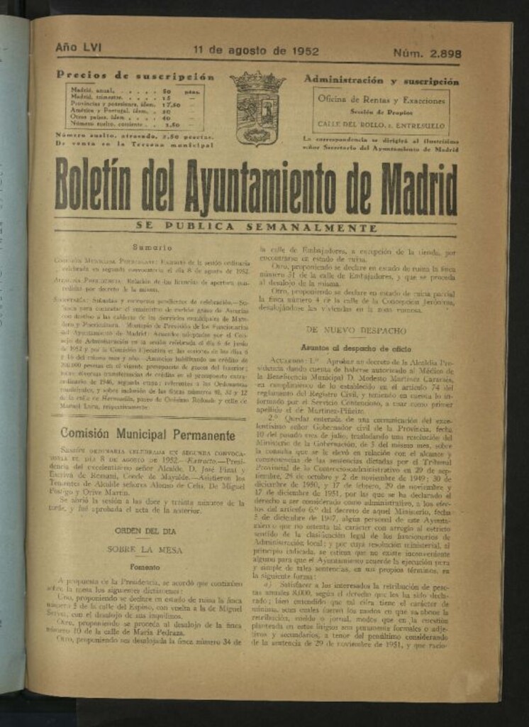 Miniatura de Boletín oficial del Ayuntamiento del 11 de agosto de 1952, nº 2898