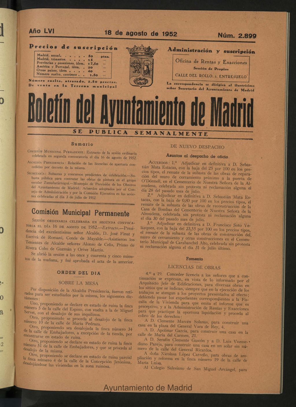 Miniatura de Boletín oficial del Ayuntamiento del 18 de agosto de 1952, nº 2899