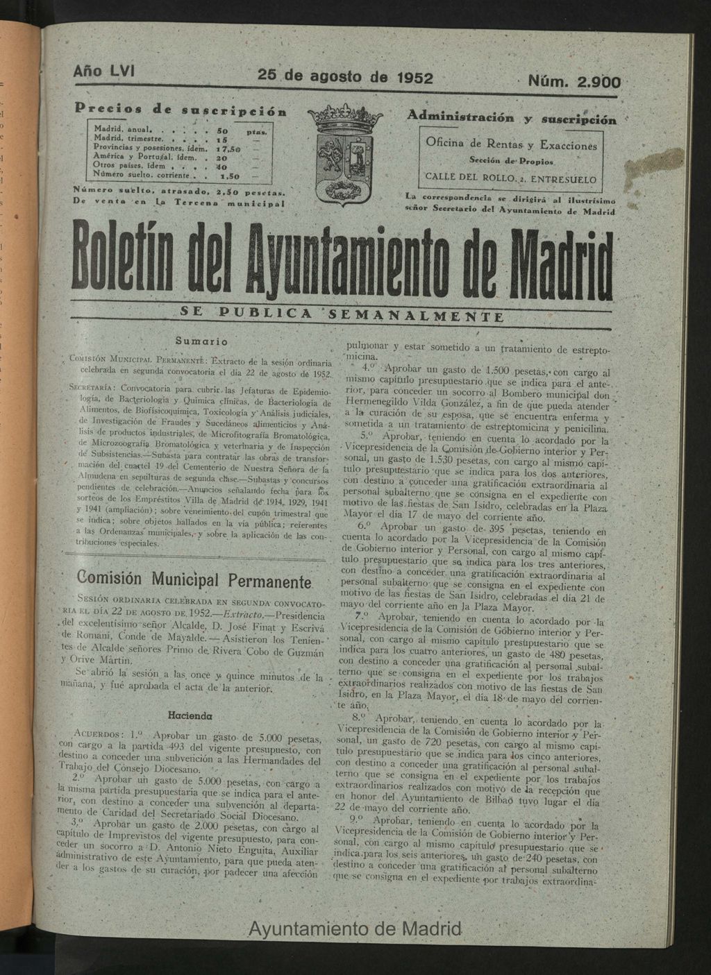 Miniatura de Boletín oficial del Ayuntamiento del 25 de agosto de 1952, nº 2900
