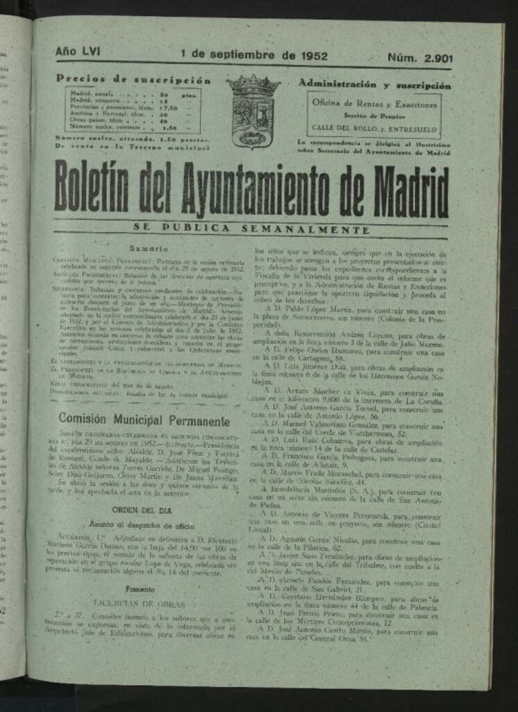 Miniatura de Boletín oficial del Ayuntamiento del 1 de septiembre de 1952, nº 2901