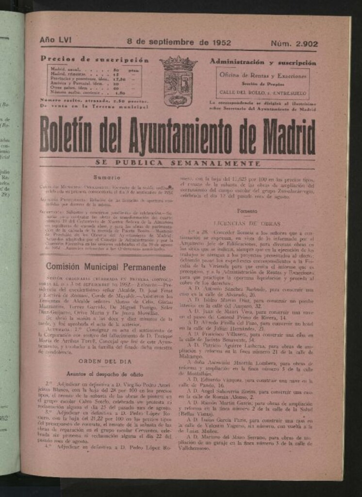 Miniatura de Boletín oficial del Ayuntamiento del 8 de septiembre de 1952, nº 2902
