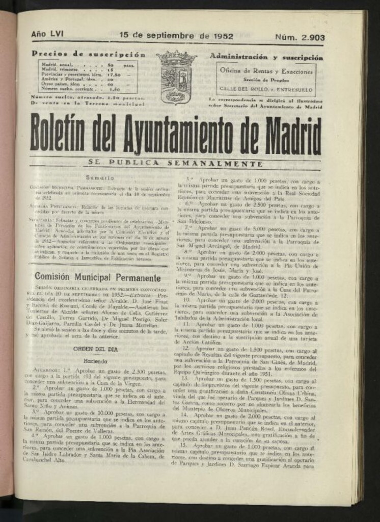 Miniatura de Boletín oficial del Ayuntamiento del 15 de septiembre de 1952, nº 2903
