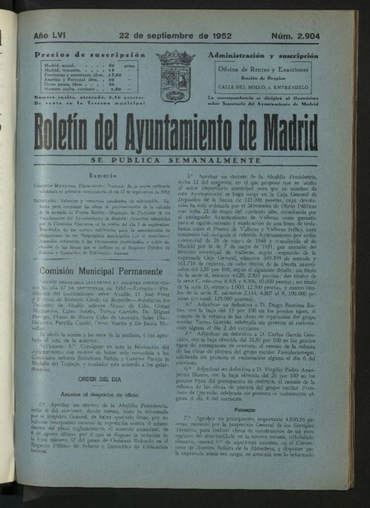Miniatura de Boletín oficial del Ayuntamiento del 22 de septiembre de 1952, nº 2904