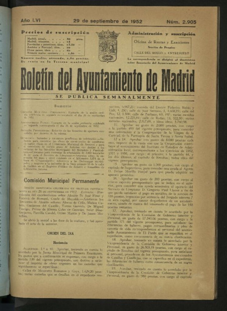 Miniatura de Boletín oficial del Ayuntamiento del 29 de septiembre de 1952, nº 2905