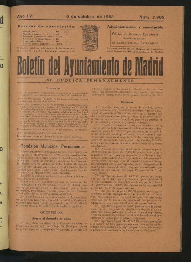 Miniatura de Boletín oficial del Ayuntamiento del 6 de octubre de 1952, nº 2906