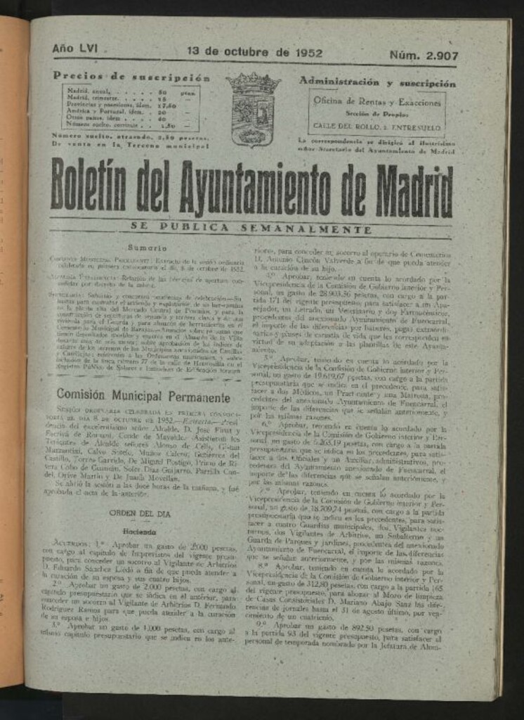 Miniatura de Boletín oficial del Ayuntamiento del 13 de octubre de 1952, nº 2907