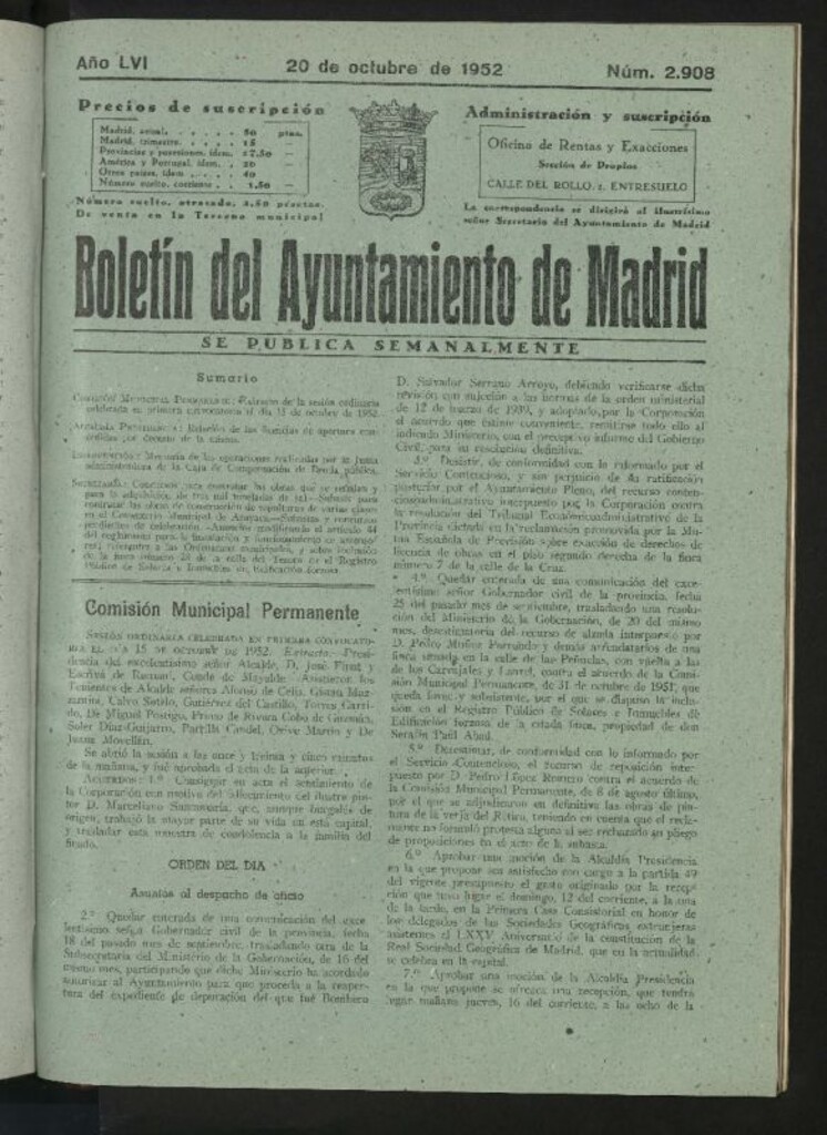 Miniatura de Boletín oficial del Ayuntamiento del 20 de octubre de 1952, nº 2908