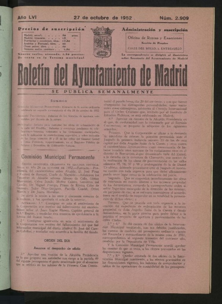 Miniatura de Boletín oficial del Ayuntamiento del 27 de octubre de 1952, nº 2909