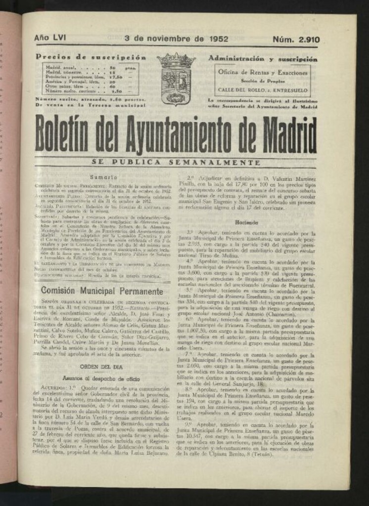Miniatura de Boletín oficial del Ayuntamiento del 3 de noviembre de 1952, nº 2910