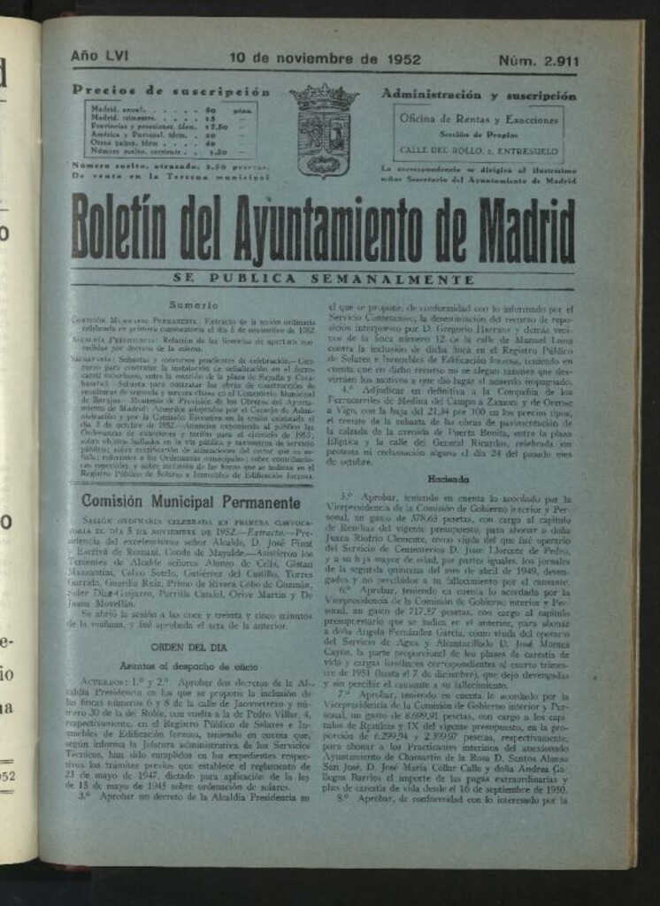 Miniatura de Boletín oficial del Ayuntamiento del 10 de noviembre de 1952, nº 2911