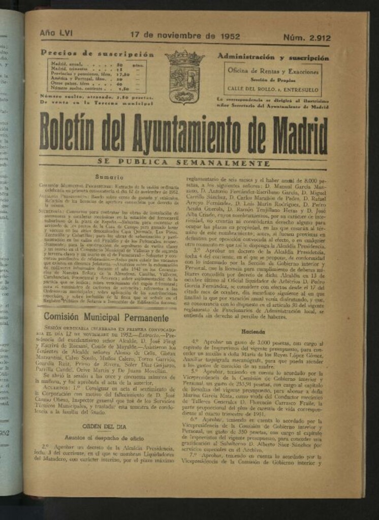 Miniatura de Boletín oficial del Ayuntamiento del 17 de noviembre de 1952, nº 2912