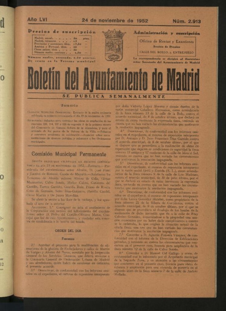 Miniatura de Boletín oficial del Ayuntamiento del 24 de noviembre de 1952, nº 2913