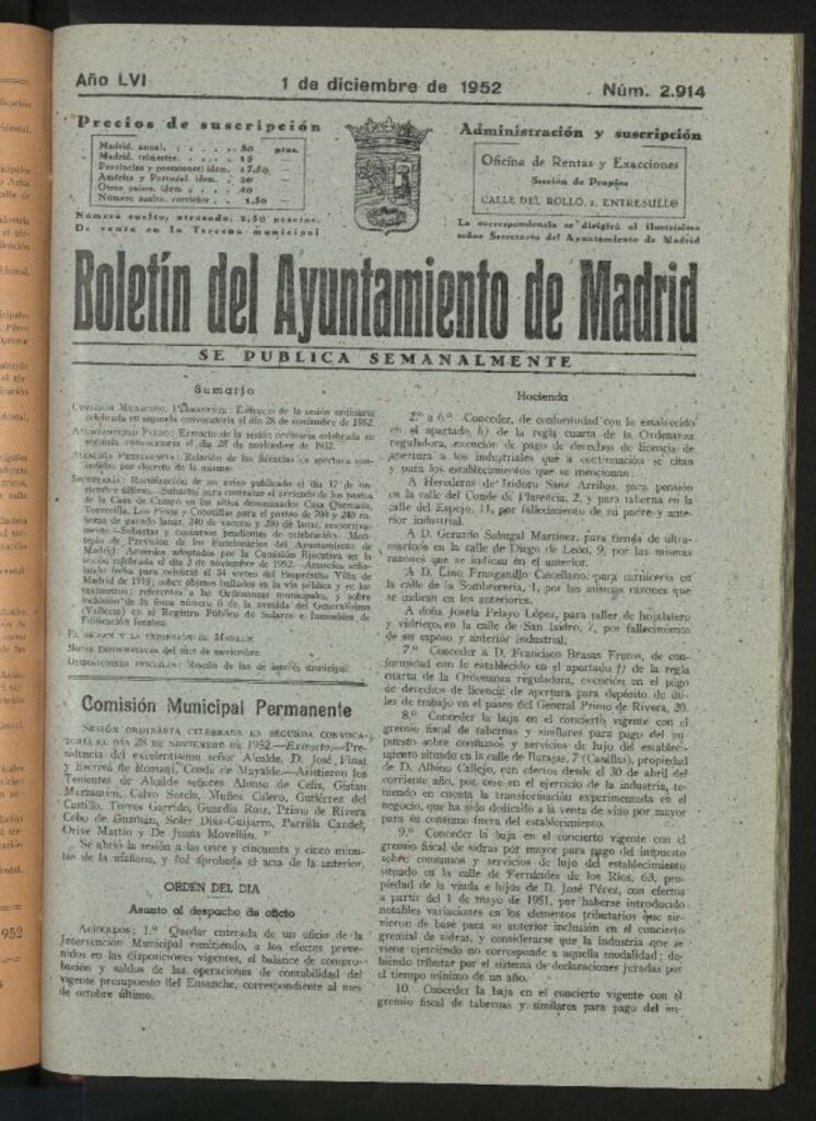 Miniatura de Boletín oficial del Ayuntamiento del 1 de diciembre de 1952, nº 2914