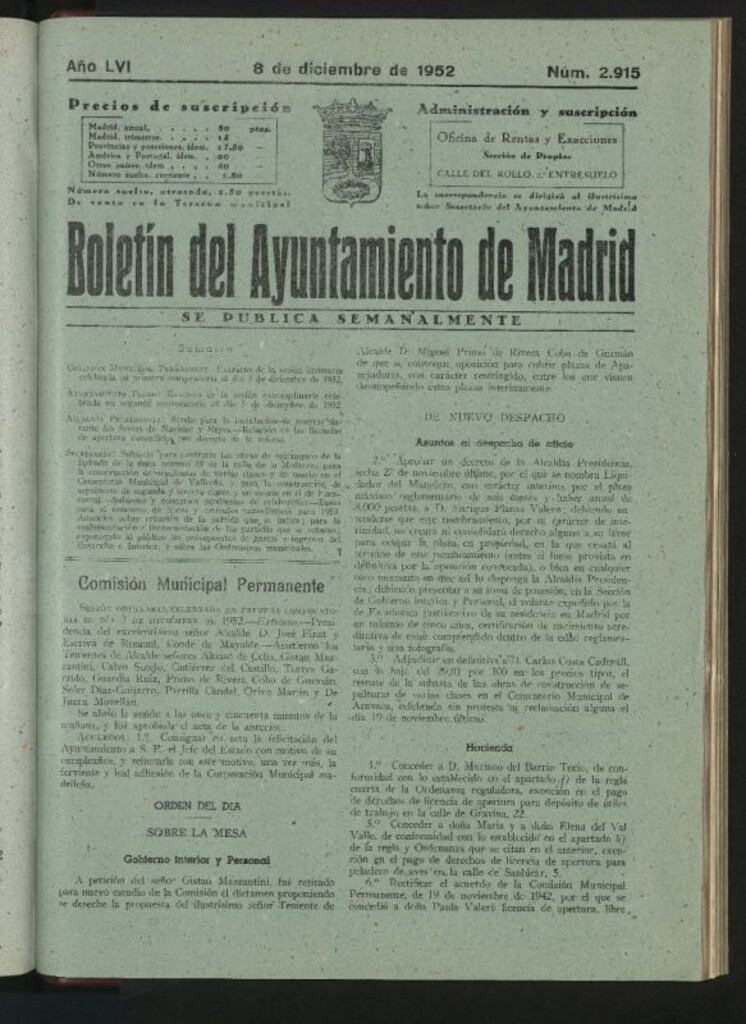 Miniatura de Boletín oficial del Ayuntamiento del 8 de diciembre de 1952, nº 2915