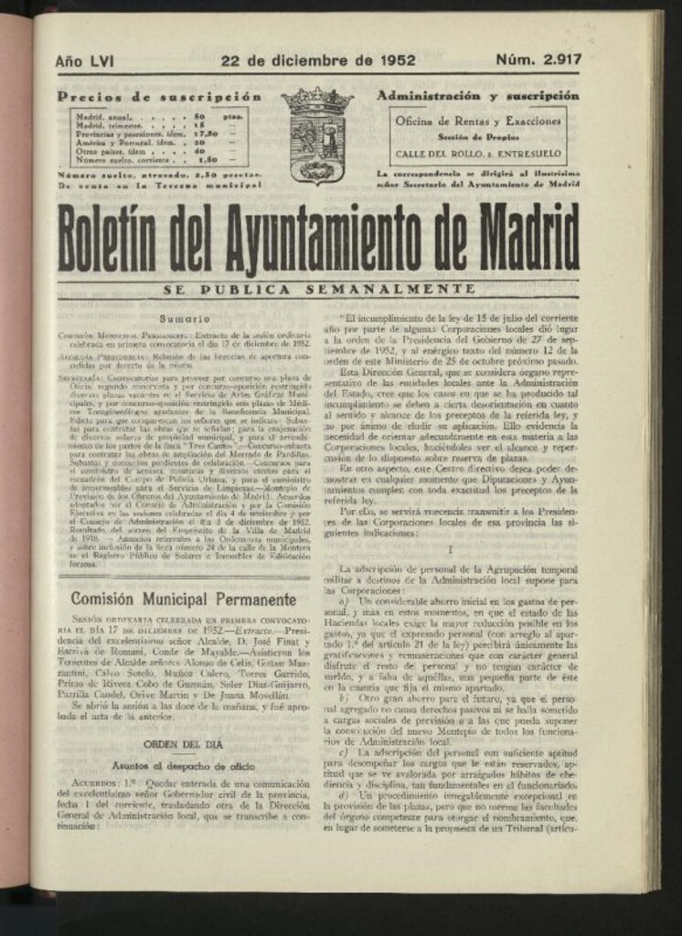 Miniatura de Boletín oficial del Ayuntamiento del 22 de diciembre de 1952, nº 2917