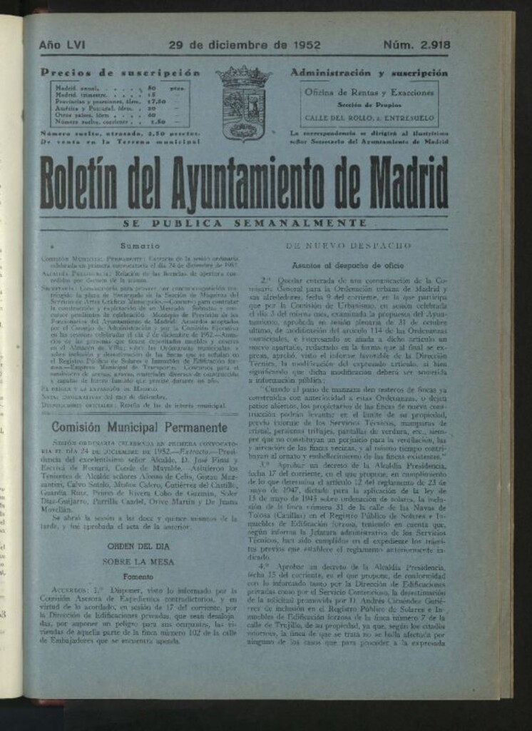 Miniatura de Boletín oficial del Ayuntamiento del 29 de diciembre de 1952, nº 2918