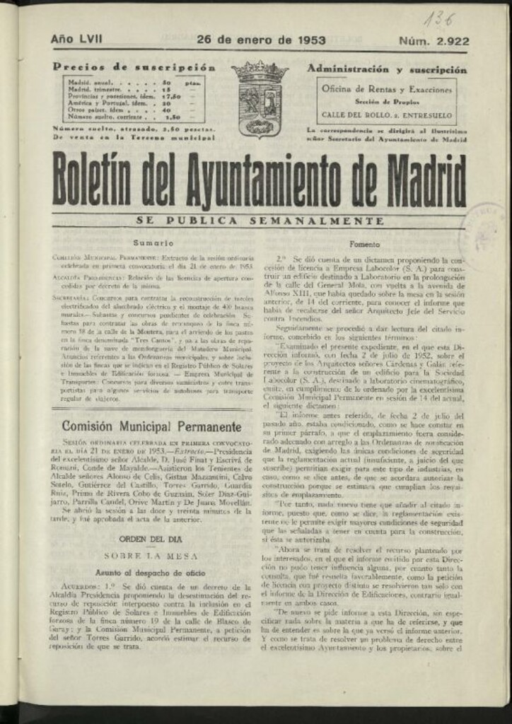 Miniatura de Boletín oficial del Ayuntamiento del 26 de enero de 1953, nº 2922