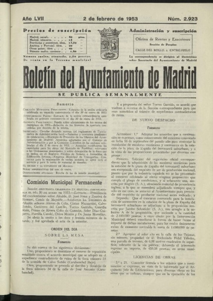 Miniatura de Boletín oficial del Ayuntamiento del 2 de febrero de 1953, nº 2923