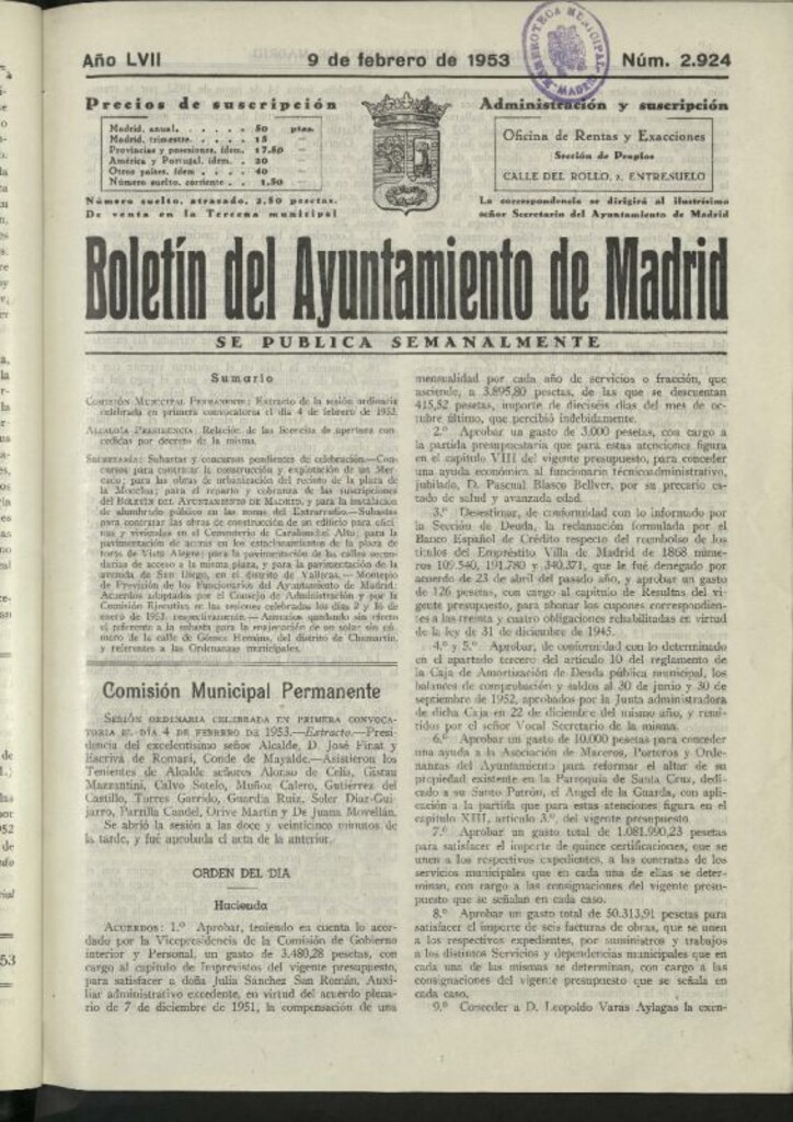 Miniatura de Boletín oficial del Ayuntamiento del 9 de febrero de 1953, nº 2924