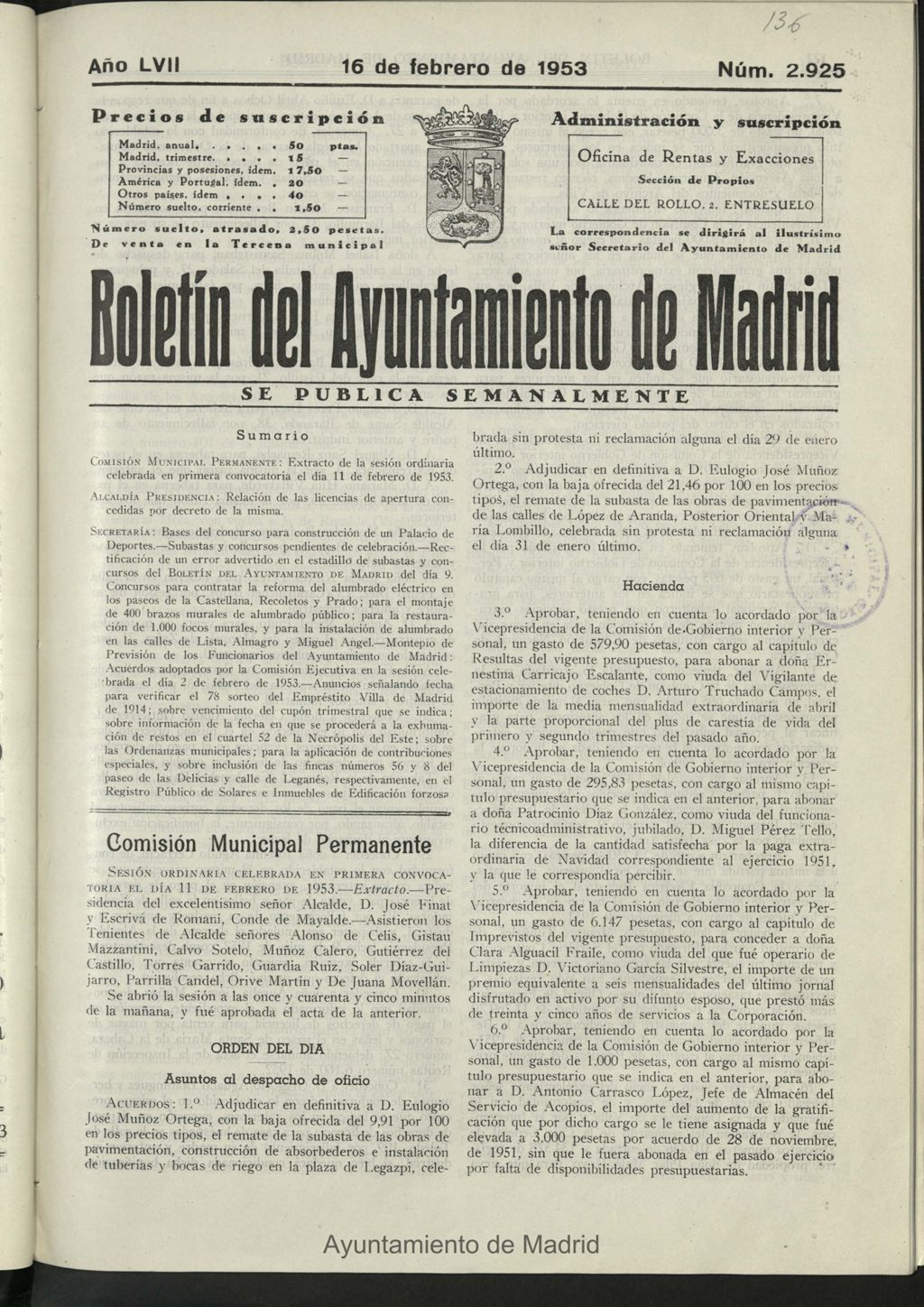 Miniatura de Boletín oficial del Ayuntamiento del 16 de febrero de 1953, nº 2925