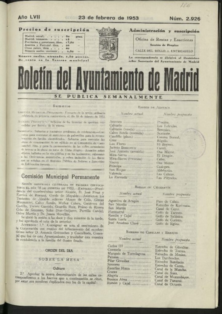 Miniatura de Boletín oficial del Ayuntamiento del 23 de febrero de 1953, nº 2926