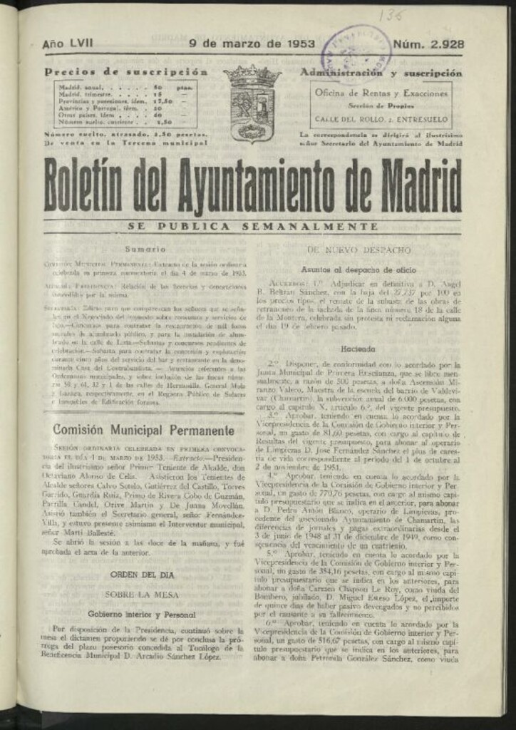 Miniatura de Boletín oficial del Ayuntamiento del 9 de marzo de 1953, nº 2928