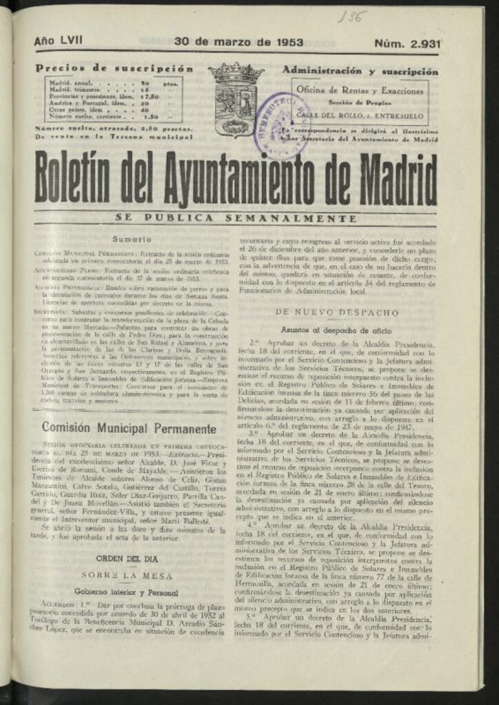 Miniatura de Boletín oficial del Ayuntamiento del 30 de marzo de 1953, nº 2931