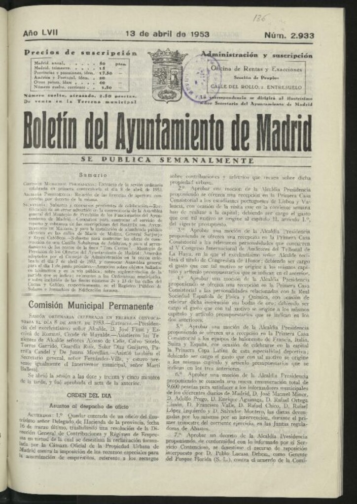 Miniatura de Boletín oficial del Ayuntamiento del 13 de abril de 1953, nº 2933