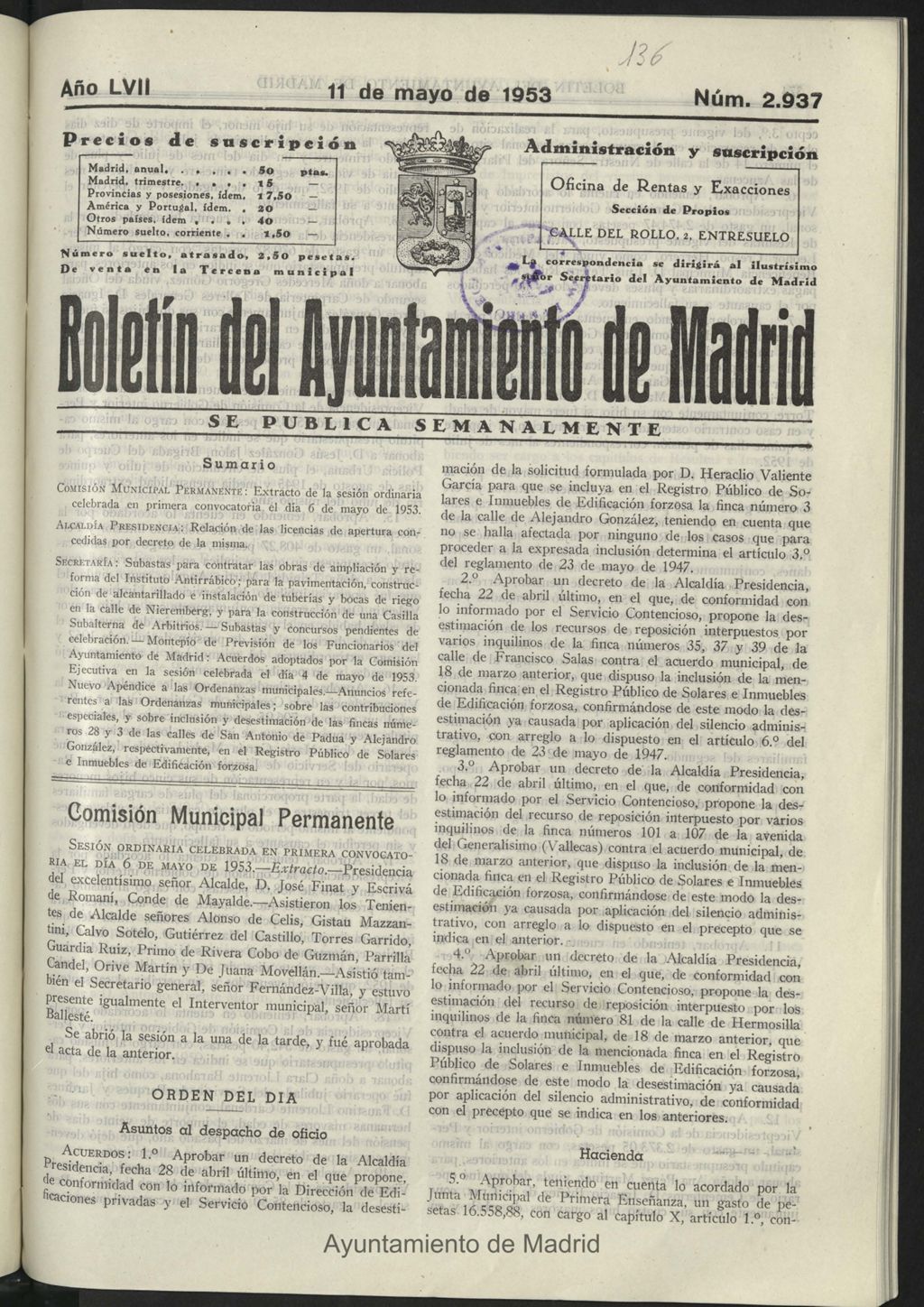 Miniatura de Boletín oficial del Ayuntamiento del 11 de mayo de 1953, nº 2937