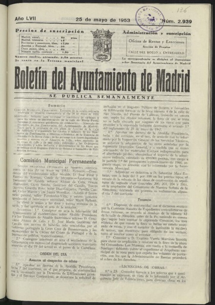 Miniatura de Boletín oficial del Ayuntamiento del 25 de mayo de 1953, nº 2939