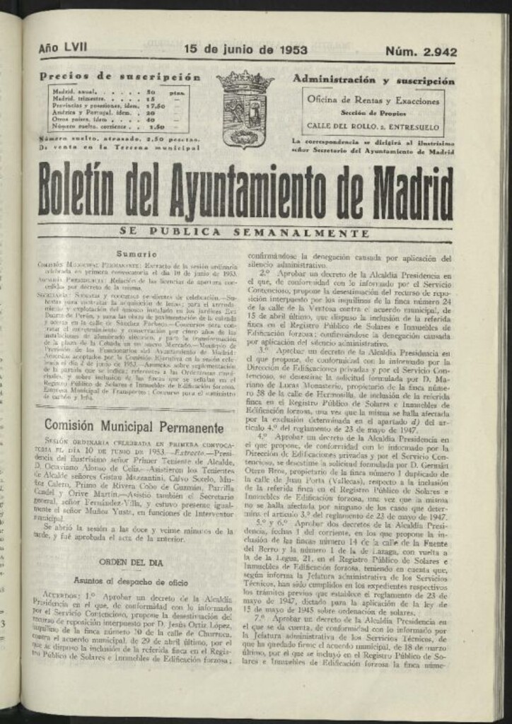 Miniatura de Boletín oficial del Ayuntamiento del 15 de junio de 1953, nº 2942