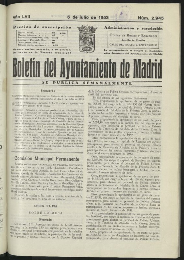 Miniatura de Boletín oficial del Ayuntamiento del 6 de julio de 1953, nº 2945
