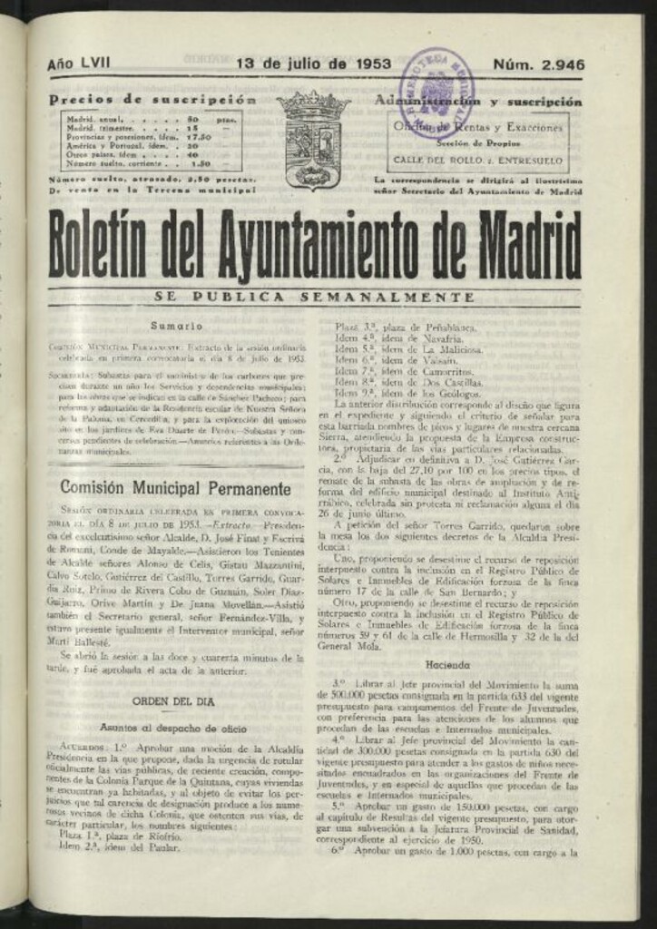 Miniatura de Boletín oficial del Ayuntamiento del 13 de julio de 1953, nº 2946