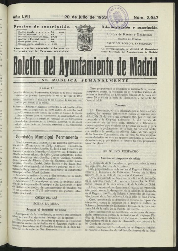 Miniatura de Boletín oficial del Ayuntamiento del 20 de julio de 1953, nº 2947