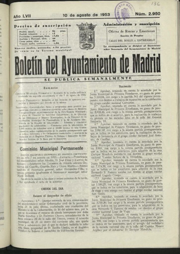 Miniatura de Boletín oficial del Ayuntamiento del 10 de agosto de 1953, nº 2950