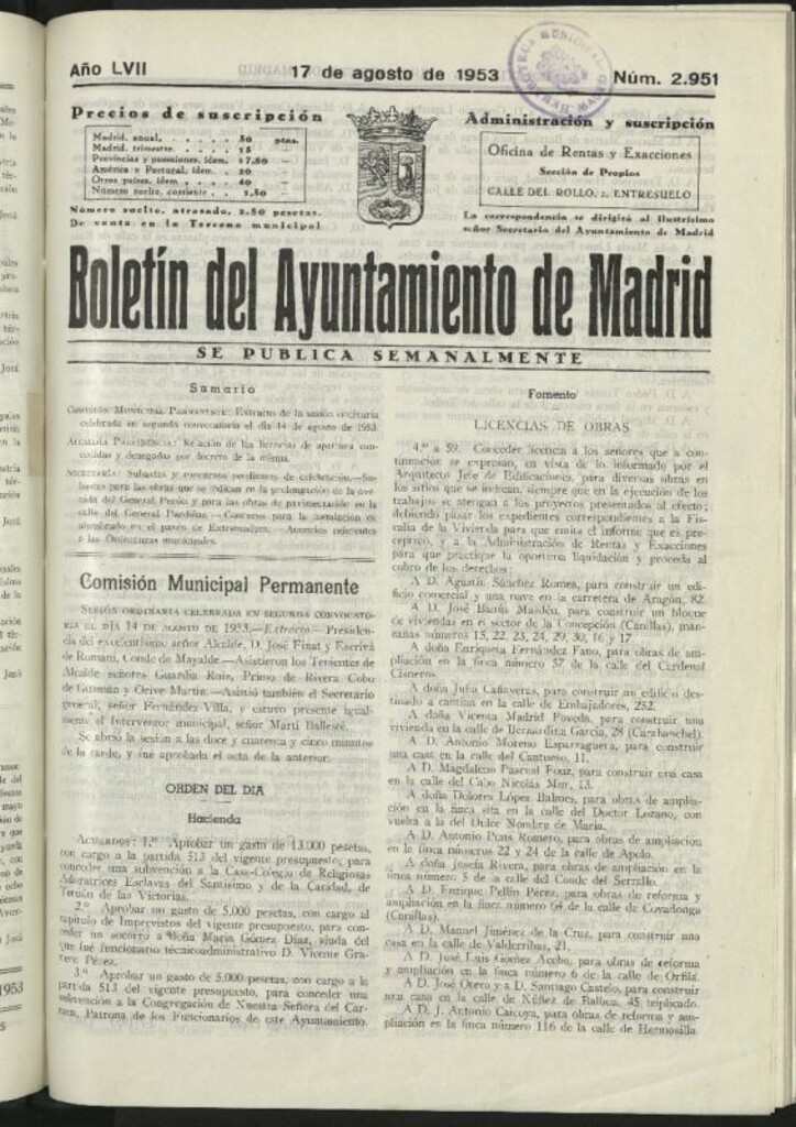 Miniatura de Boletín oficial del Ayuntamiento del 17 de agosto de 1953, nº 2951