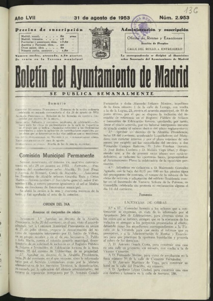Miniatura de Boletín oficial del Ayuntamiento del 31 de agosto de 1953, nº 2953