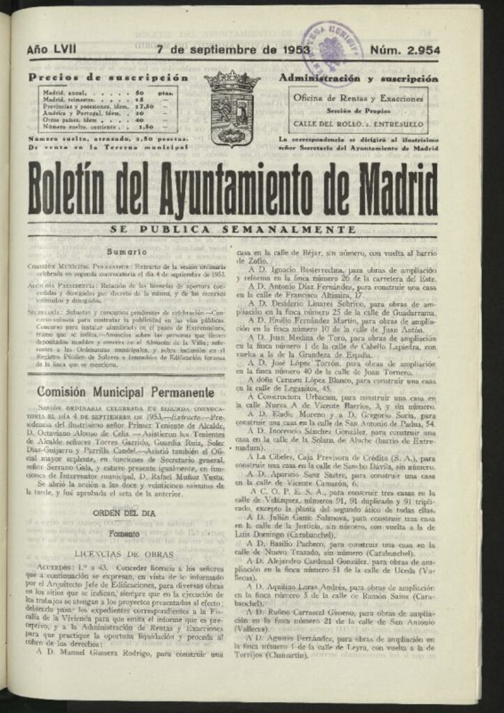 Miniatura de Boletín oficial del Ayuntamiento del 7 de septiembre de 1953, nº 2954
