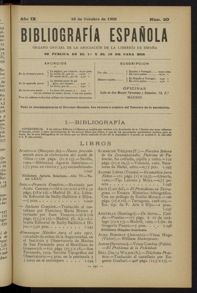 Miniatura de Bibliografía Española del 16 de octubre de 1909