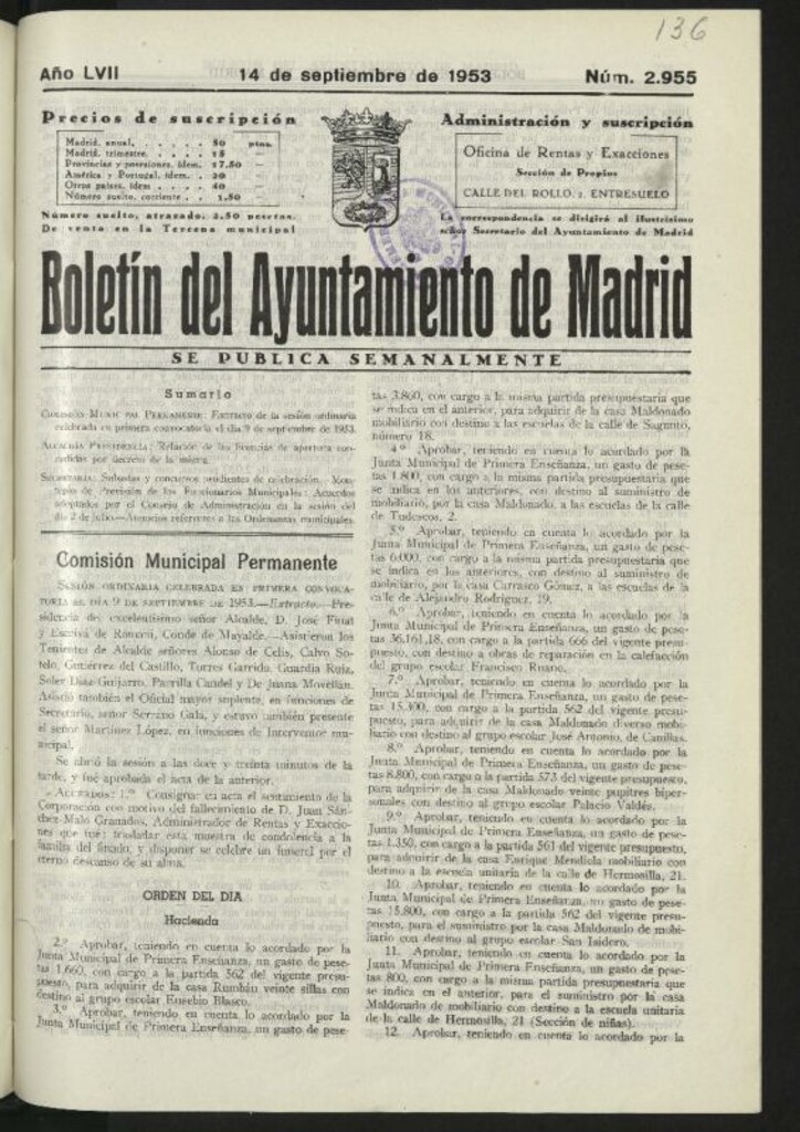 Miniatura de Boletín oficial del Ayuntamiento del 14 de septiembre de 1953, nº 2955