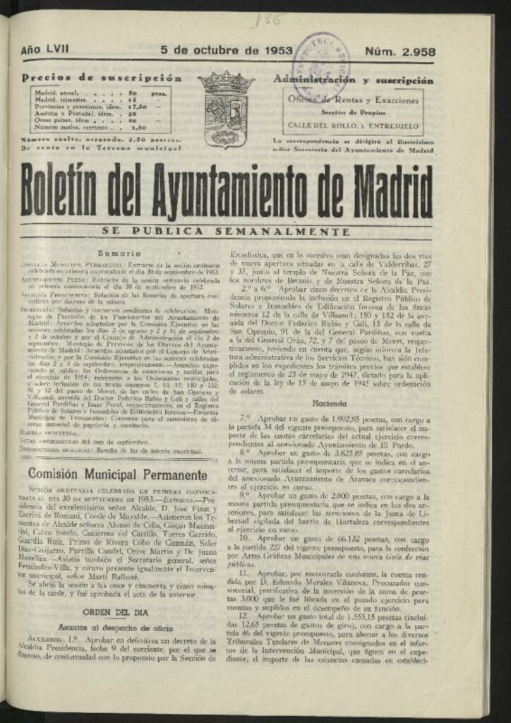 Miniatura de Boletín oficial del Ayuntamiento del 5 de octubre de 1953, nº 2958