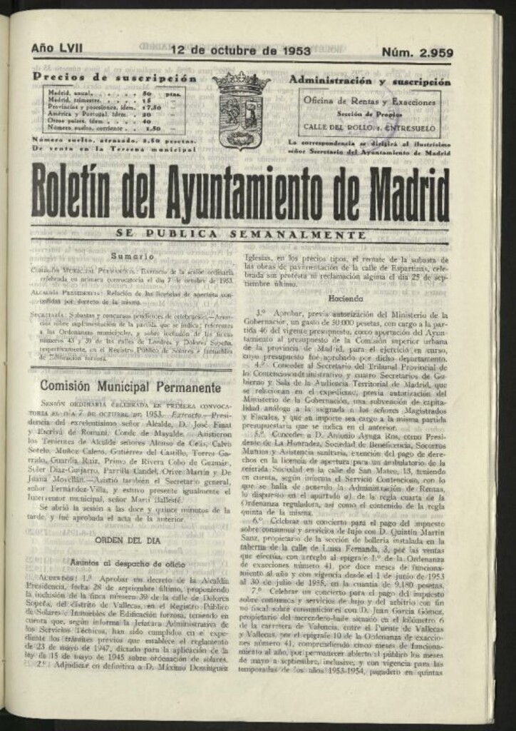 Miniatura de Boletín oficial del Ayuntamiento del 12 de octubre de 1953, nº 2959