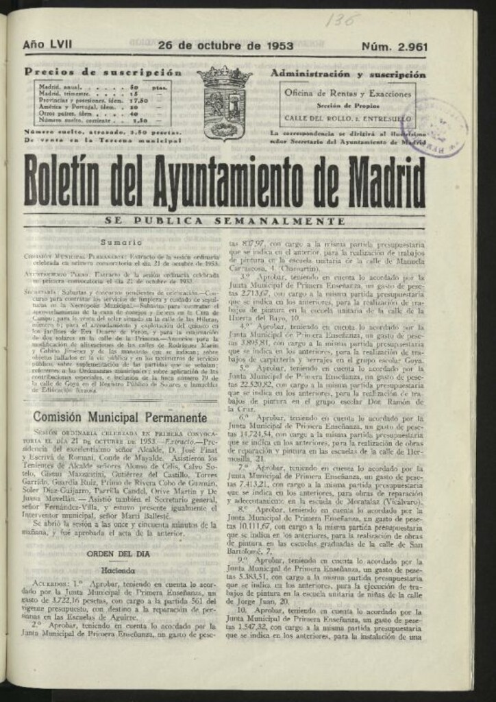 Miniatura de Boletín oficial del Ayuntamiento del 26 de octubre de 1953, nº 2961
