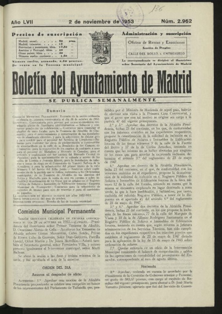 Miniatura de Boletín oficial del Ayuntamiento del 2 de noviembre de 1953, nº 2962