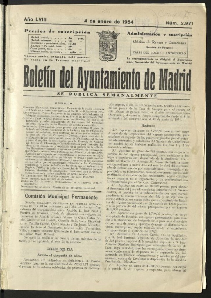 Miniatura de Boletín oficial del Ayuntamiento del 4 de enero de 1954, nº 2971
