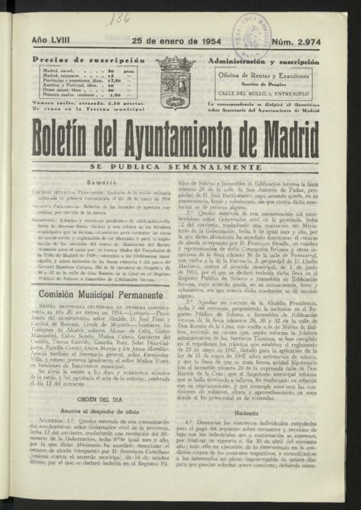 Miniatura de Boletín oficial del Ayuntamiento del 25 de enero de 1954, nº 2974