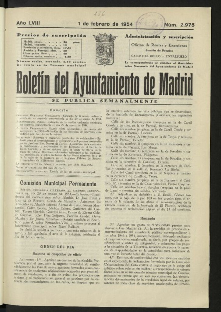 Miniatura de Boletín oficial del Ayuntamiento del 1 de febrero de 1954, nº 2975