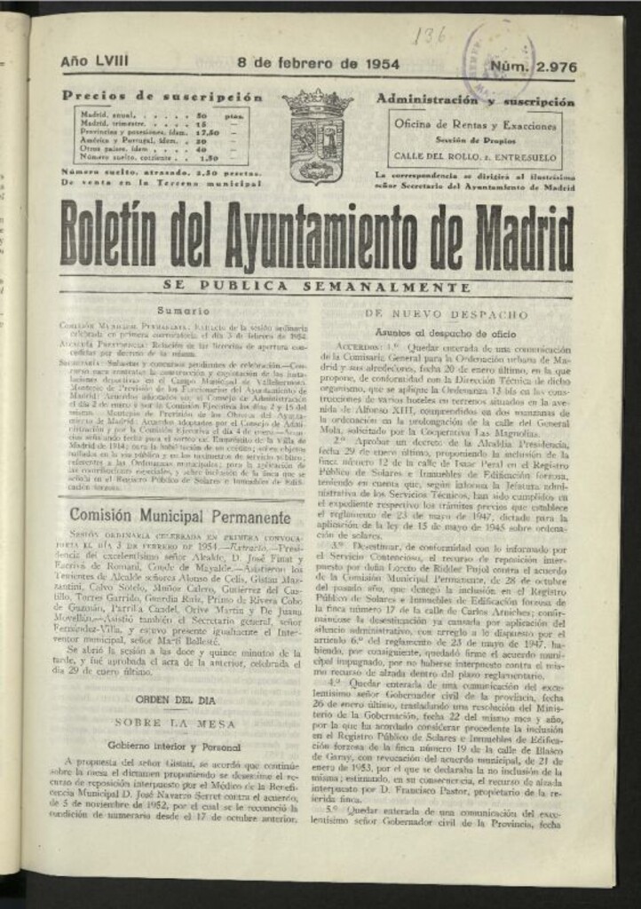 Miniatura de Boletín oficial del Ayuntamiento del 8 de febrero de 1954, nº 2976