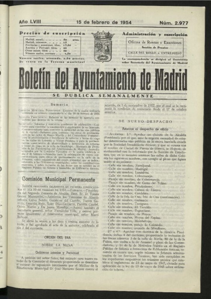 Miniatura de Boletín oficial del Ayuntamiento del 15 de febrero de 1954, nº 2977