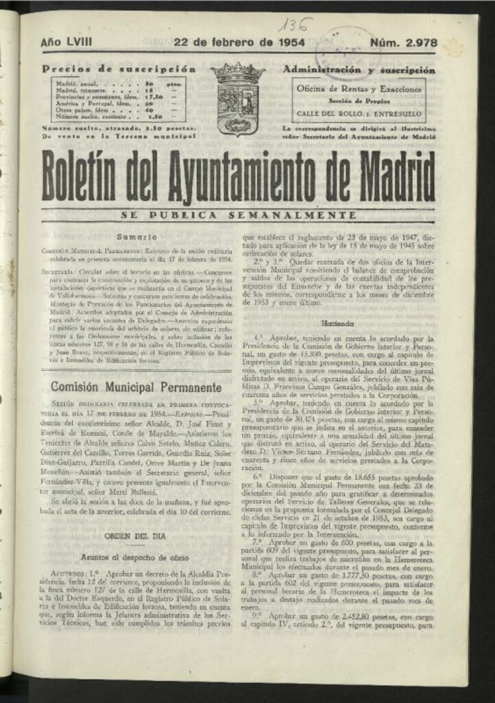 Miniatura de Boletín oficial del Ayuntamiento del 22 de febrero de 1954, nº 2978